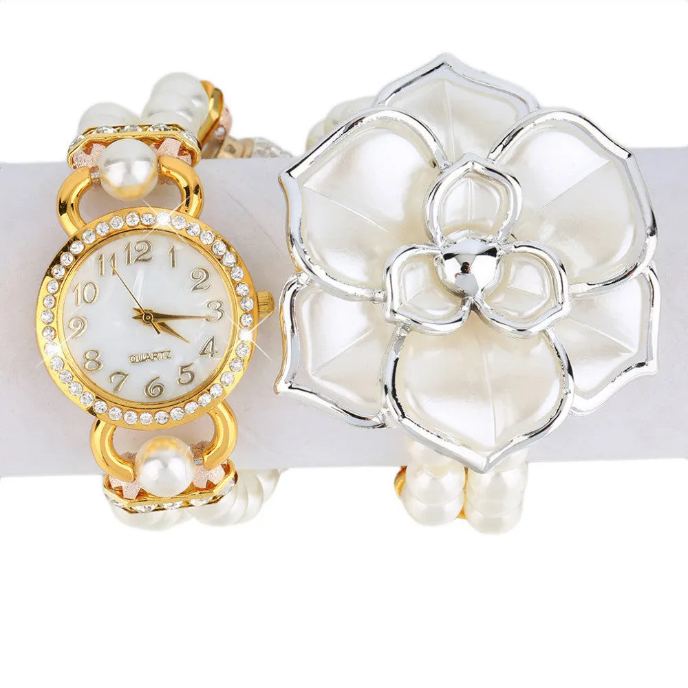 Vintage Luxury Round Dial Watch Large Flower Watch Imitation Pearls Bracelet Quartz Watch Women Rhinestone relogio feminino