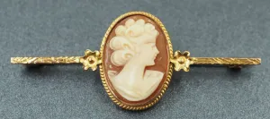 Vintage Shell Cameo 9ct Yellow Gold Bar Brooch