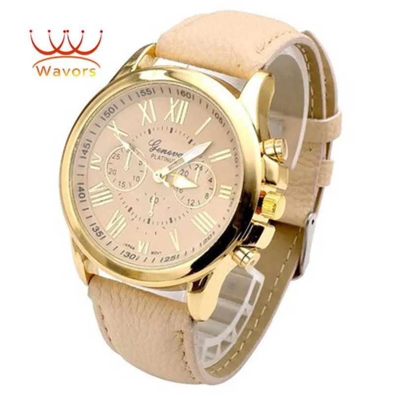 Wavors Luxury Brand Women Watch Leather Brand Roman Numerals Big Dial Hour Analog Quartz Wrist Watches