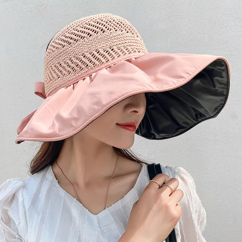 Weave Top Wide Brim Floppy Summer Hats with Bow