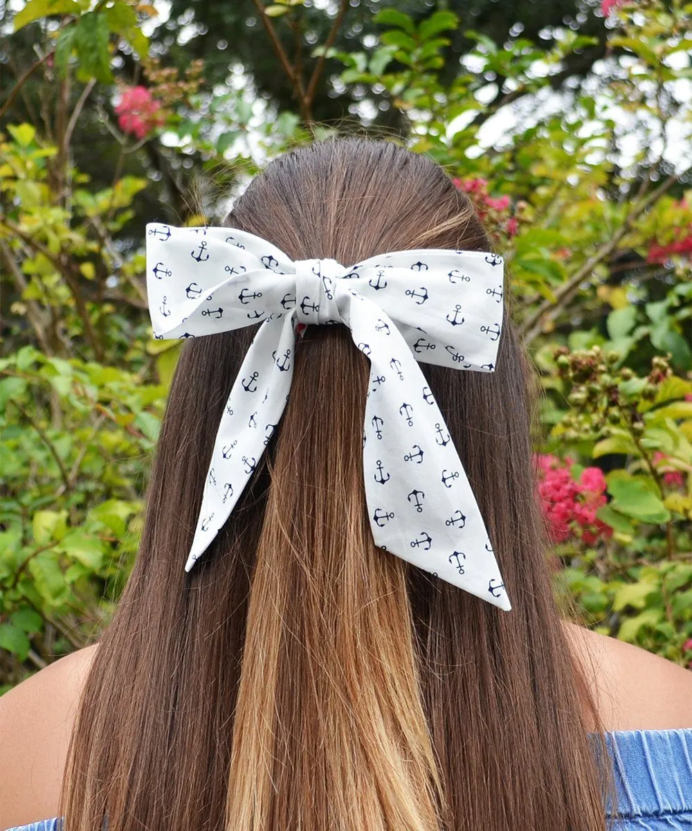 White and Navy Anchor Patterned Womens Tie