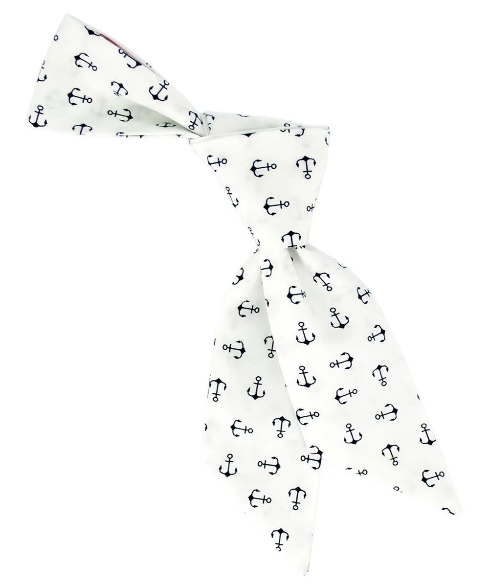 White and Navy Anchor Patterned Womens Tie