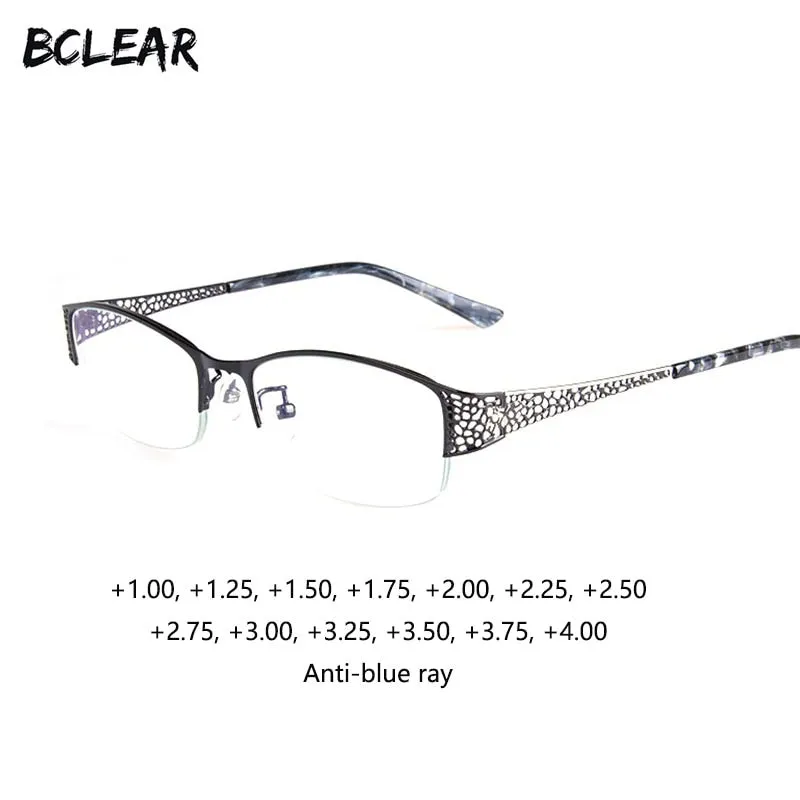 Women's Half Frame Reading Glasses 1.56 Index Clear Anti-Blue Light Lenses F99001