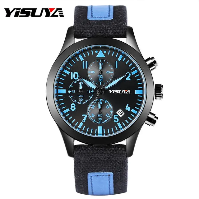 YISUYA Fashion Sport Chronograph Men's Quartz Wristwatch Canvas Band Luminous Stop Watch Display Dial Outdoor Male Watches Gift